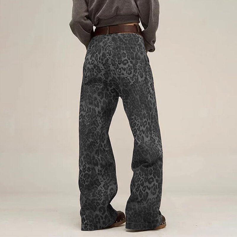 Jeans retrô com estampa leopardo para homens e mulheres, calças soltas, até o chão, europeu e americano, casual, novo, outono