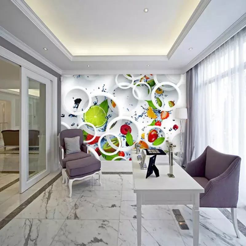 Kustom Lukisan Dinding Wallpaper Modern Abstrak Seni 3D Stereoscopic Lingkaran Putih Buah Besar Lukisan Dinding Dapur Restoran Wallpaper