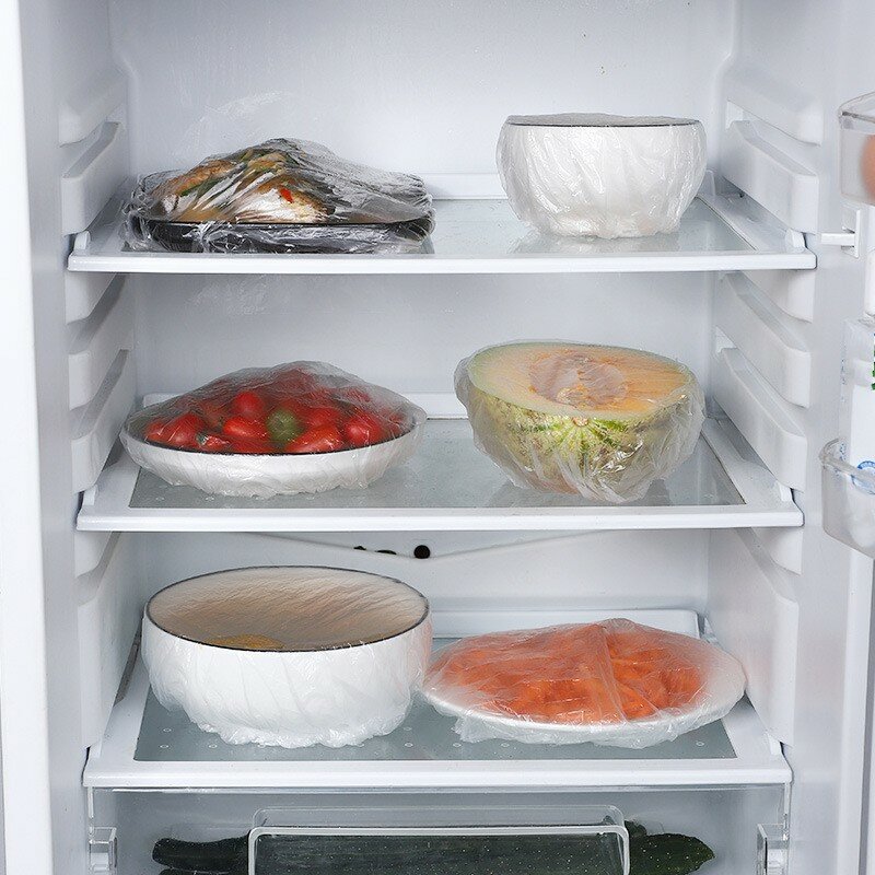 Tampa plástica descartável do alimento, sacos elásticos do envoltório para o refrigerador da fruta e do vegetal, saco fresco-Mantendo, acessórios da cozinha, 10-100 PCes