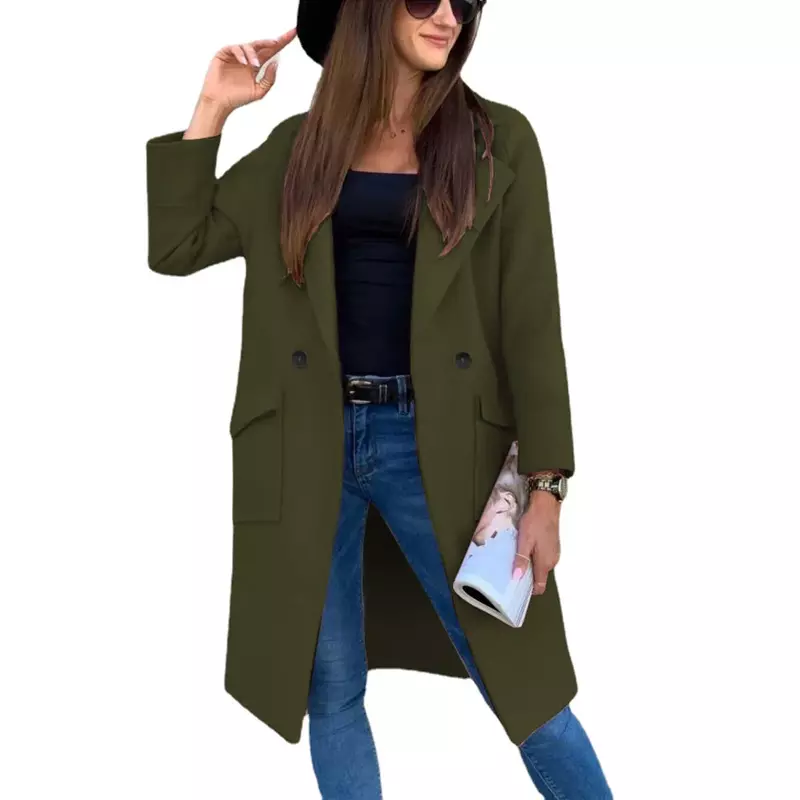 Женское шерстяное пальто, однотонное пальто с длинным рукавом, воротником-костюмом, пуговицами и карманами, Осень-зима 2023