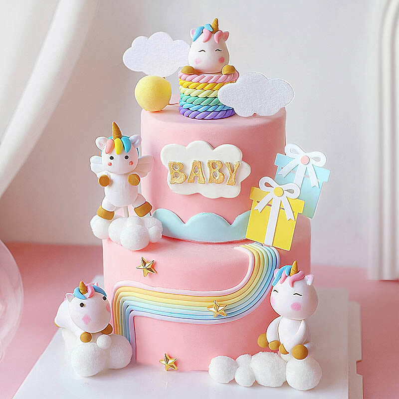 레인보우 유니콘 소녀 생일 축하 케이크 토퍼 풍선 아이 파티 케이크 장식 파티 장식, 사랑스러운 선물