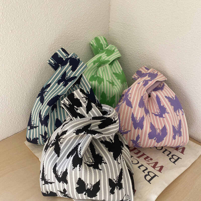Fashion Handmade Knitted Handbag Women Mini Knot Wrist Bag Sweet Colorful Butterfly Knit Tote Bag Girls Reusable Shopping Bags