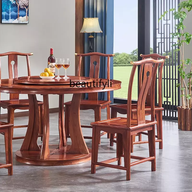 New Chinese Style Rosewood Dining Table round Table Pterocarpus Erinaceus Poir. Log All Solid Wood Dining Room Furniture