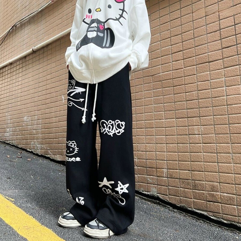 Sanrio-pantalones de pierna ancha para mujer, ropa de calle de Hello Kitty, pantalones sueltos de Hip Hop con Graffiti, pantalones versátiles de algodón Y2k con cordón