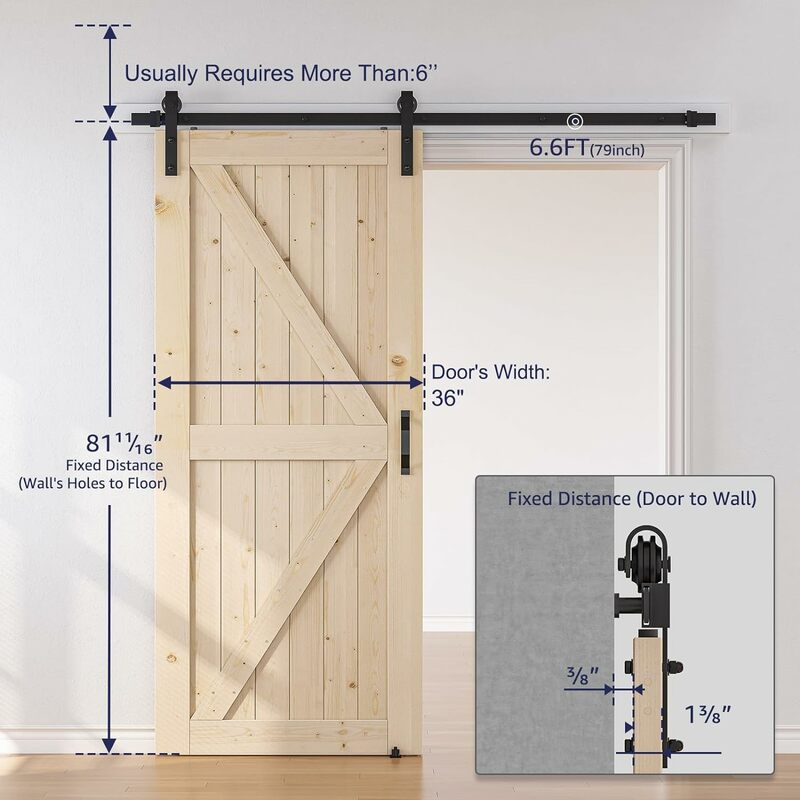SMARTSTANDARD-puerta corredera de granero de 36x80 pulgadas, Kit de herrajes y manija para puerta de granero de 6,6 pies, preperforada, lista para montar, bricolaje
