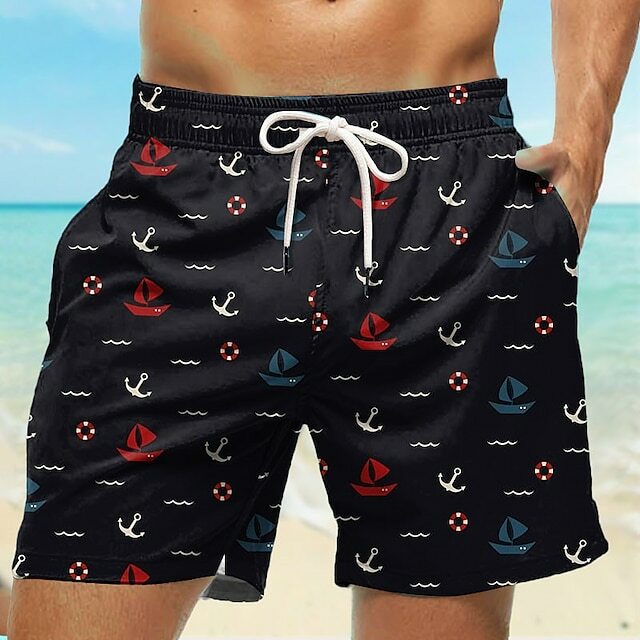 Pantalones cortos de tabla para hombre, bañador con cordón elástico, secado rápido, informal, Hawaiano, blanco y negro, microelástico