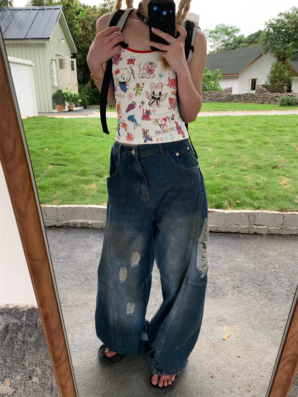 REDDACHiC Boyfriend Women Upside Down Baggy Jeans Retro High Rise Dirty Wash Spliced Ripped Wide Leg Denim Pants Y2k Streetwear