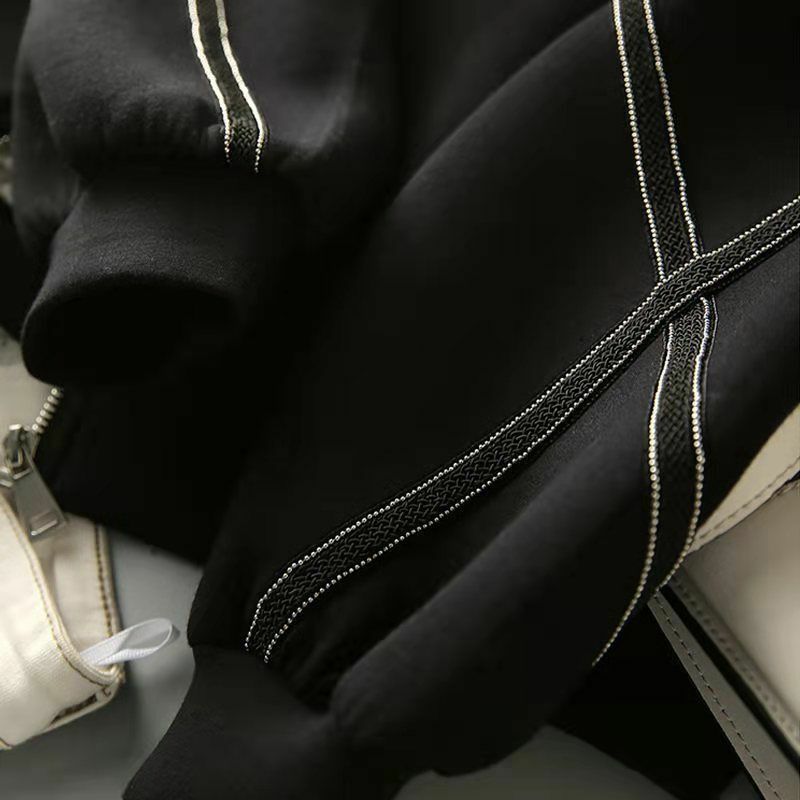 O-Neck Topstitch ตกแต่งหนาเกาหลีเสื้อ3D พิมพ์ผู้หญิงลายทางเสื้อผ้าฤดูใบไม้ร่วงฤดูหนาวแขนยาวสีดำเสื้อแจ็คเก็ตสั้น