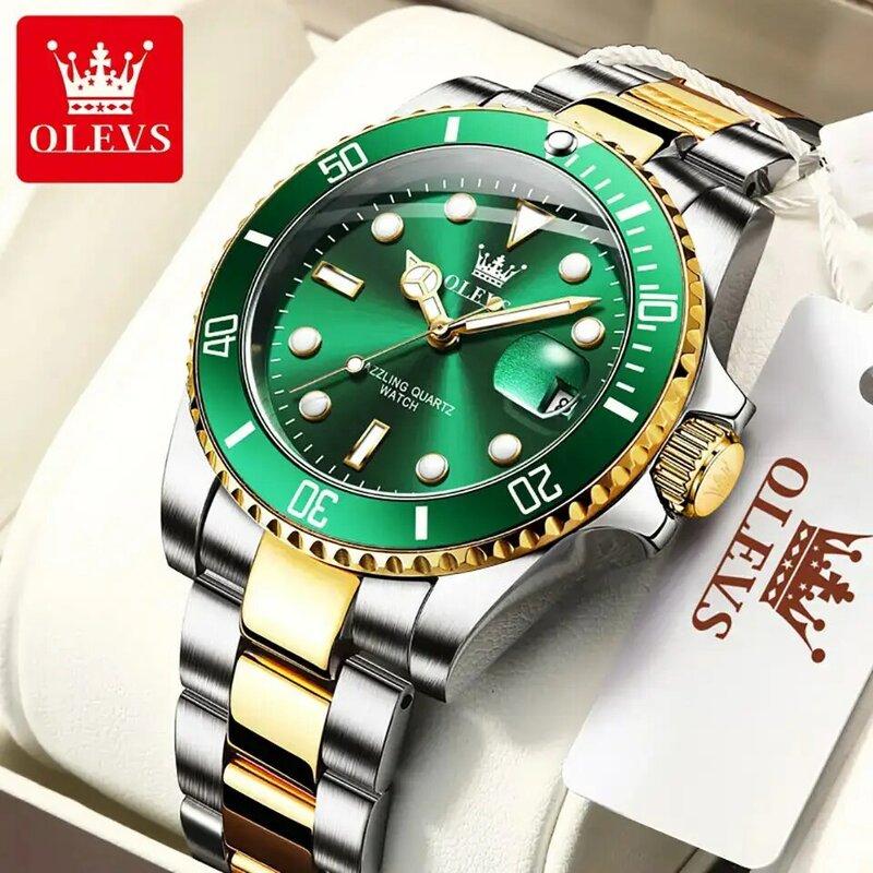 OLEVS jam tangan Quartz tahan air pria, jam tangan olahraga baja tahan karat modis bercahaya asli untuk pria