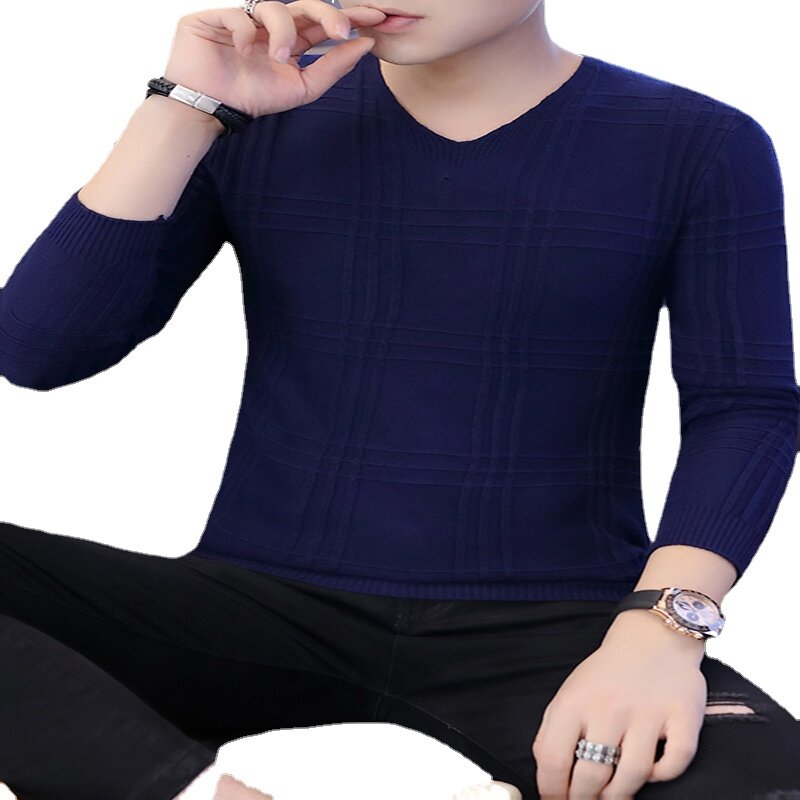 2022 Men's  New Fashion V-neck  Pullover Sweater Casual Long-sleeved Knitted  Shirt