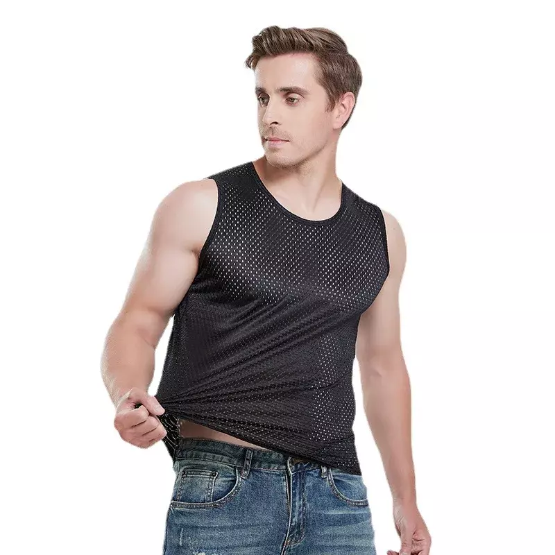 4XL Men Ice Silk Tank Tops Underwear Mens Vest Undershirt Mesh Holes Shirts Male Workout Sleeveless Breathable Singlets T-Shirt