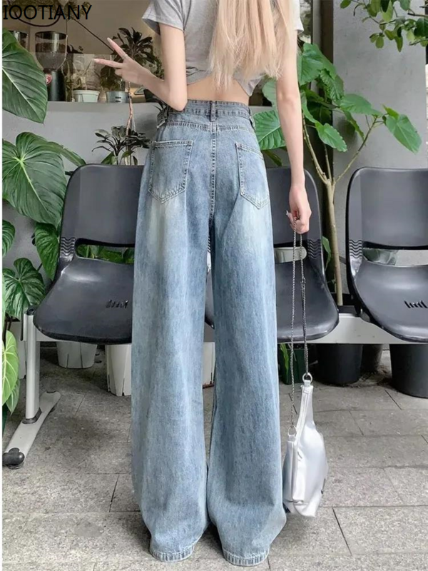 Summer Holes High Waist Slimming And Loose Fitting Wide Leg Floor Long Pants Retro Straight Denim Jean High-street Women's Jeans