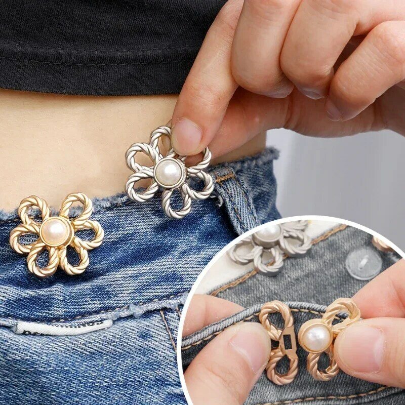Retractable Pearl Flower Waist Buckle Reusable Metal Waist Tighten Buckle Clip Snap Fastener Pants Pin for Skirts Jeans Button