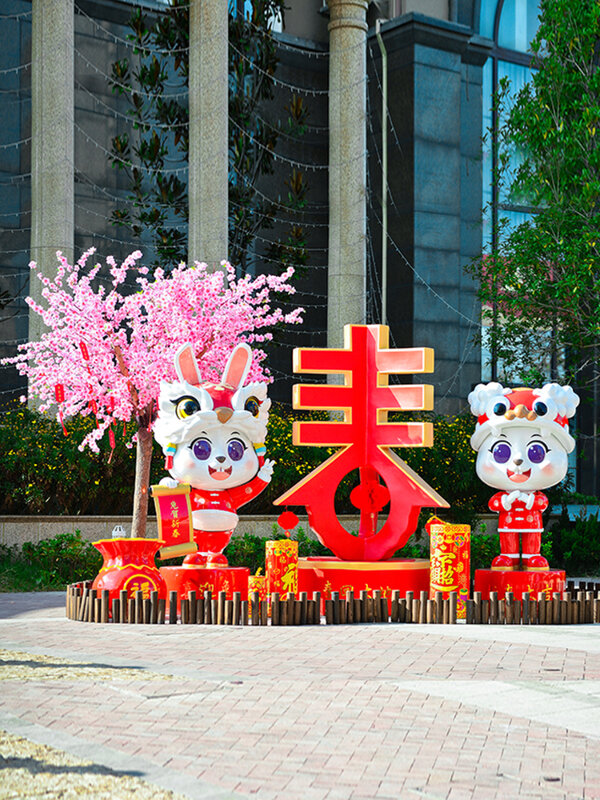 Neujahr Frühlings fest Fiberglas Tierkreis Kaninchen Skulptur Outdoor Dekoration Einkaufs zentrum Maskottchen Cartoon Display