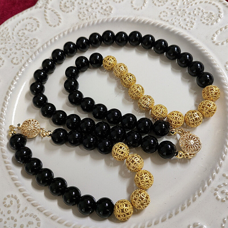 Ensemble collier et bracelet boule de cuivre pour femme, agate noire, mode vintage, ensembles de bijoux pour fille