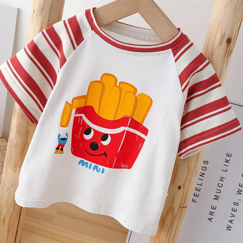 Summer Korean Infant Boys 2PCS Clothes Set Raglan Short Sleeve French Fries Print Tops Striped Shorts Suit Newborn Boys Outfits