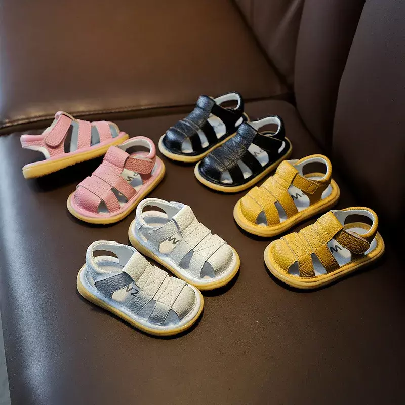 Sandal anak bayi, sandal pantai anak laki-laki dan perempuan kulit asli sol lembut musim panas untuk balita