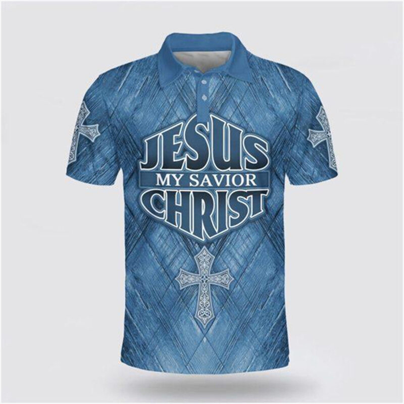 Men's 3D Printed Religion Jesus Cross Polo Shirt Leisure Vintage Short Sleeve Lapel Top Summer Man Streetwear Oversized Pullover