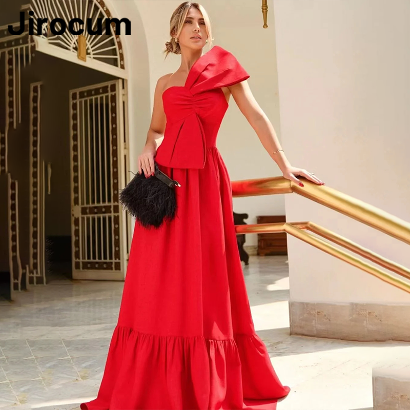 Jirocum Red Bow Prom Gowns Women's Strapless Pleated Party Evening Gown A Line Floor Length Saudi Arabia Formal Occasion Dress