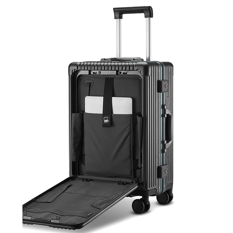 フロント開口部付きスーツケース,アルミニウムフレーム,旅行かばん,USBカップホルダー,携帯電話スタンド,ユニセックス