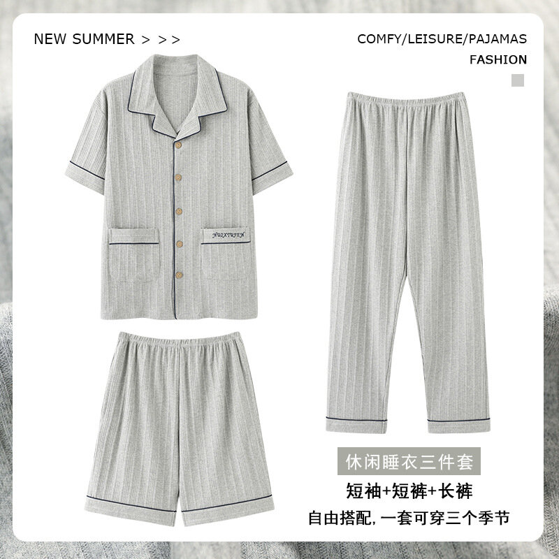 Summer Cotton Pajamas Men's three-piece Short Sleep Tops & Shorts & Long Pants Casual Cardigan Sleepwear Loungewear sets Spring
