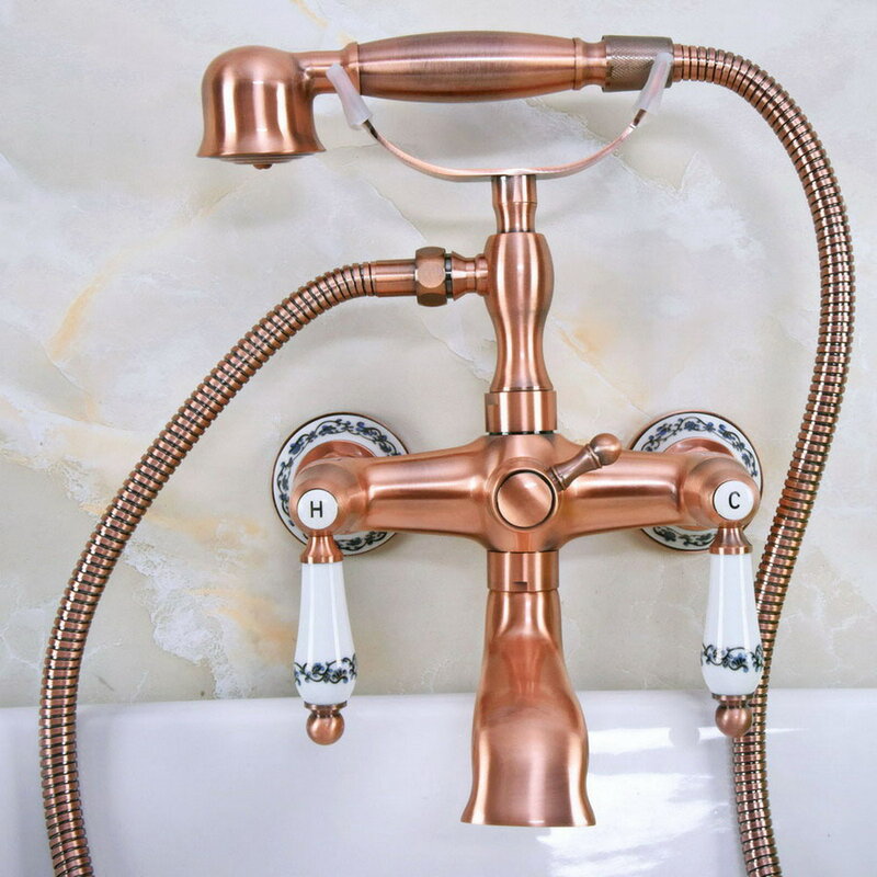 Grifo de bañera de cobre rojo antiguo para baño, grifería montada en la pared de doble manija, con ducha de mano, Nna331