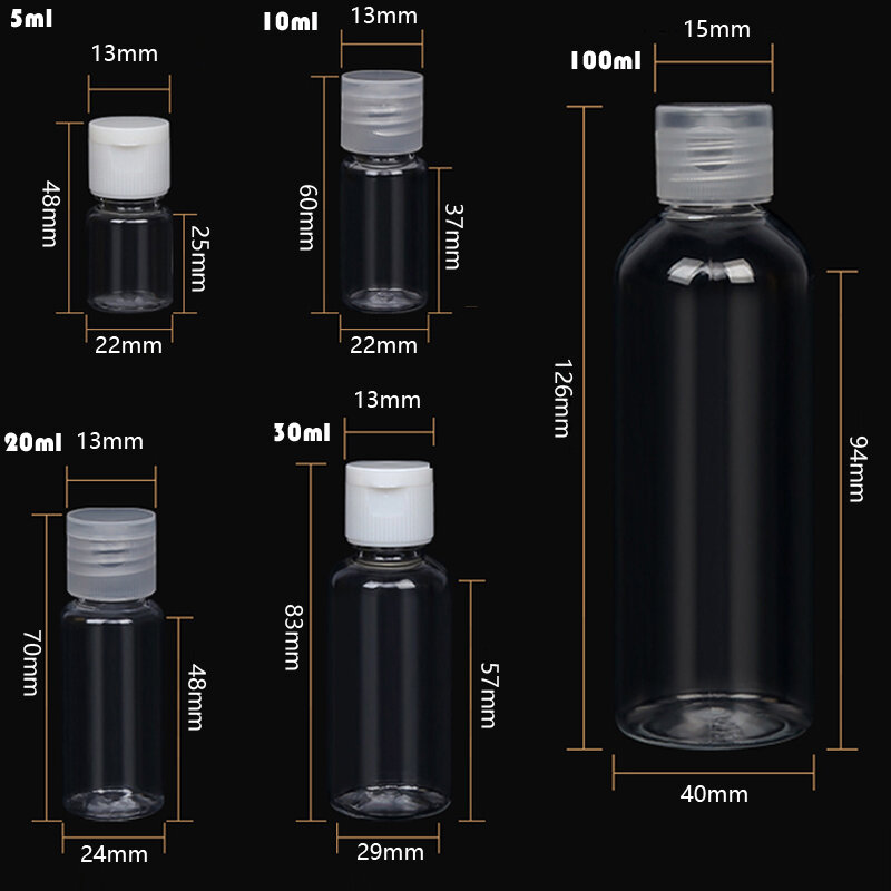 100 pcs100 5ml-100ml bottiglia da viaggio vuota in plastica PET trasparente con fiala Flip Top per Dispenser di balsamo per Shampoo per articoli da toeletta liquidi