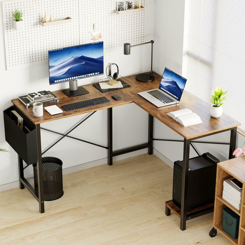 haped Computer Desk - Gaming Corner 49 Inch Office Writing PC Wooden Table with CPU Storage Shelf & Side Bag