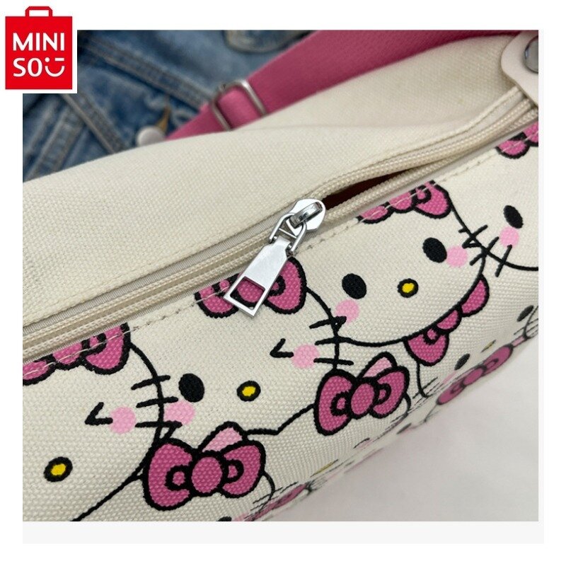 MINISO Hello Kitty-Bolso de mano portátil informal para mujer, bandolera de lona de gran capacidad, almacenamiento
