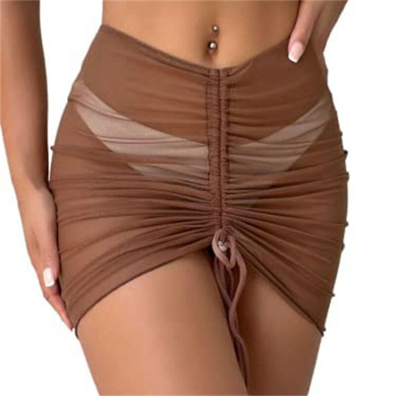 Nowy damski Sexy wysokiej jakości Cover-Up siateczkowa ściągana sznurkiem prześwitujący strój kąpielowy z regulowaną spódnicą dla kobiet
