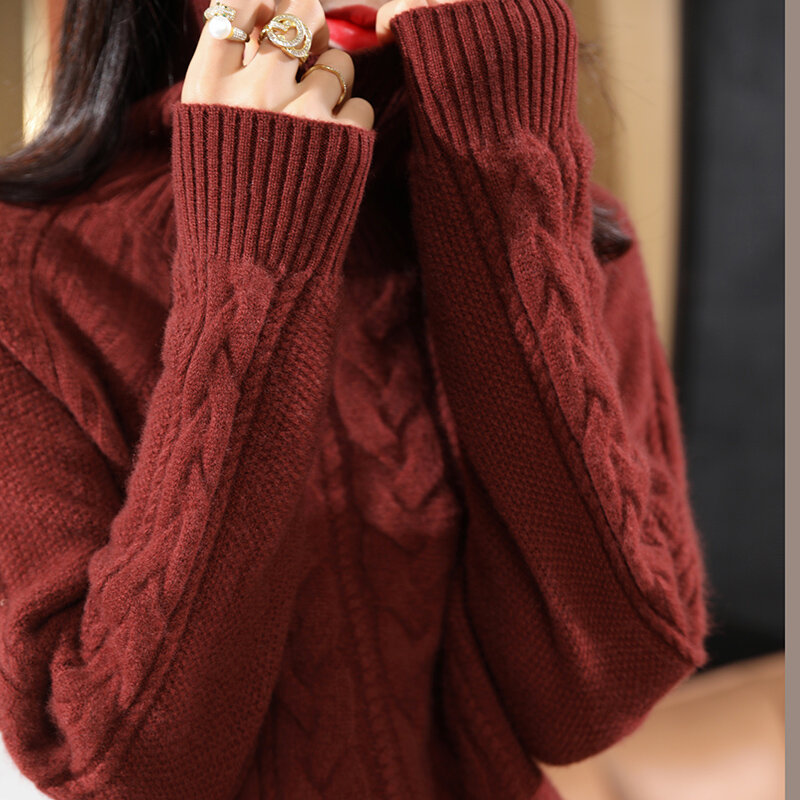 Suéter grueso de Cachemira de cuello alto para mujer, Jersey de punto de lana, Color sólido, cálido y lujoso, Otoño e Invierno
