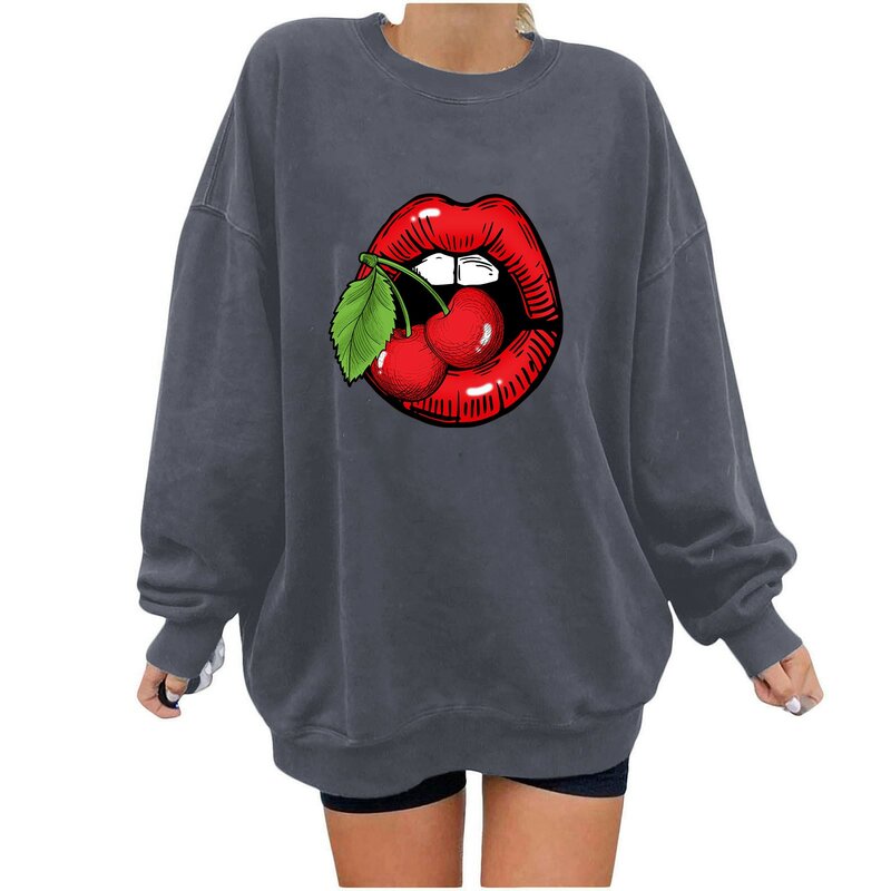 2023 Women Casual Top Hot Lip Pattern Printed Plush Sweatshirts Loose Long Sleeve Plush Round Neck Oversized Pullover Sweater