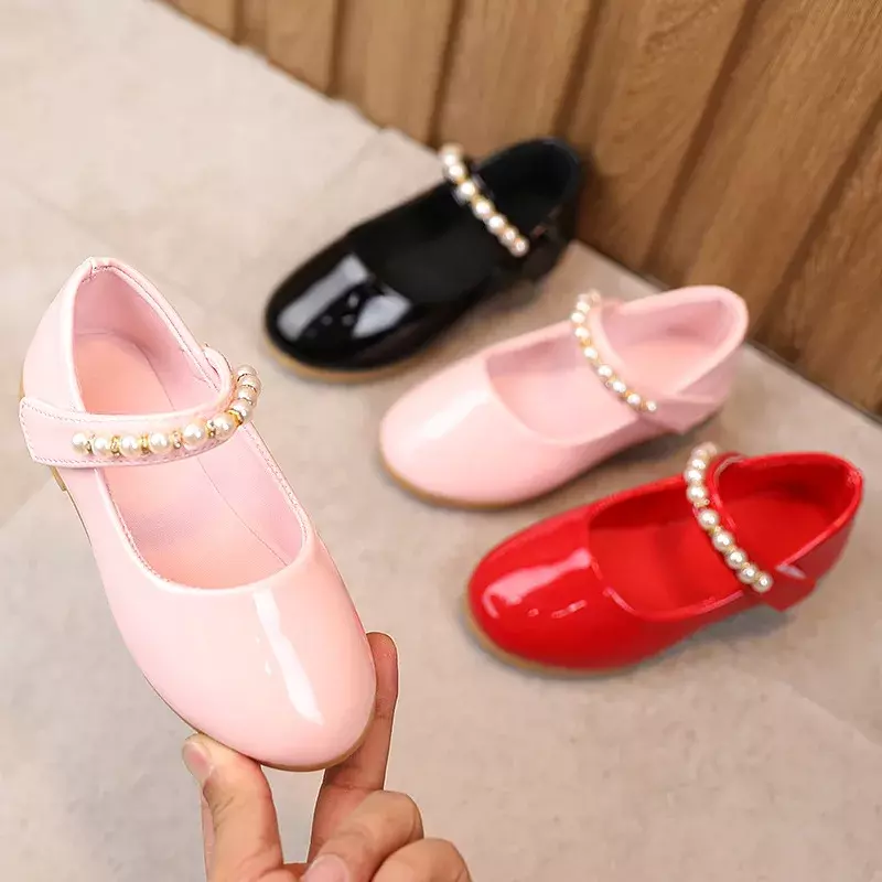 حذاء من جلد الأميرة الزهري للأطفال ، حذاء من اللؤلؤ الناعم للرقص المدرسي ، فستان حفلات زفاف للأطفال والفتيات الصغيرات ، D929