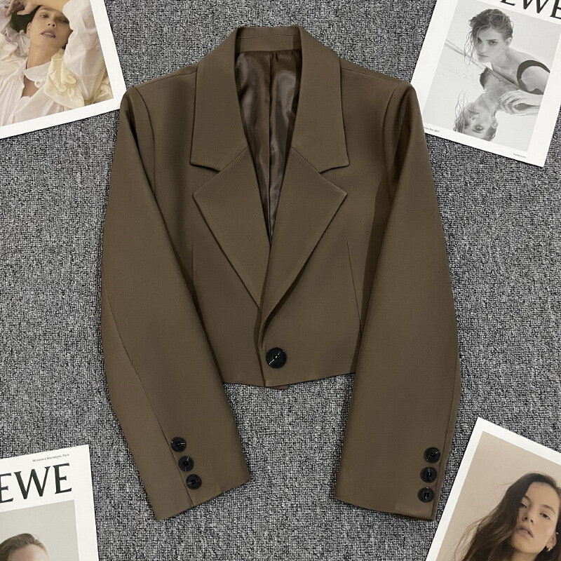 Blazer recortado con botones delanteros para mujer, abrigo Vintage con cuello con muescas, traje corto de manga larga, chaqueta elegante, prendas de vestir exteriores