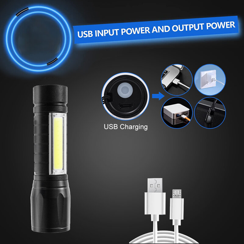 Mini linterna LED de carga USB, 3 modos, portátil, luz fuerte, Zoom, lámpara de Camping al aire libre, linterna impermeable