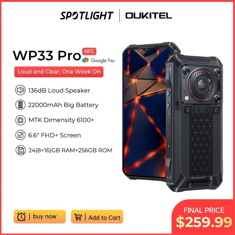 Oukitel WP33 Pro 5G Rugged Smartphone  22000mAh 6.6" FHD+ Cell phone 24GB 256GB Mobile Phone 64MP Camera  33W