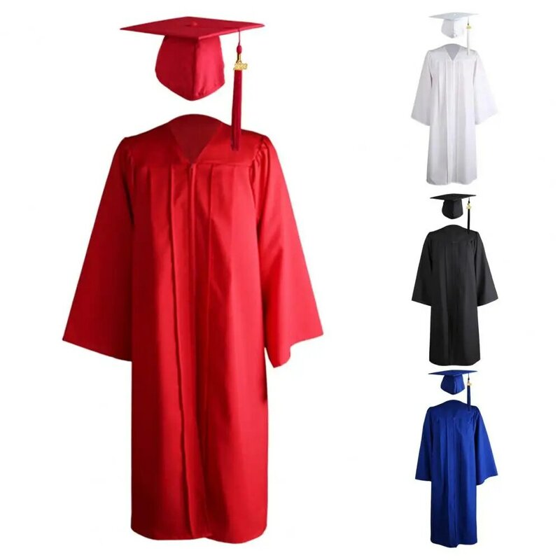 1 Set Graduation Gown Hat Tassel Zipper V Neck Loose Solid Color 2023 High School Bachelor Academic Dress Student Supplies