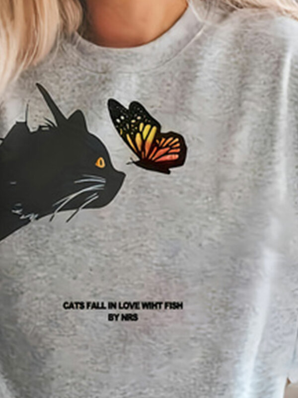 Lässiges Sweatshirt in Übergröße, langärmliges Rundhals-Sweatshirt mit Damen-und Buchstaben-, Katzen-und Schmetterlings druck