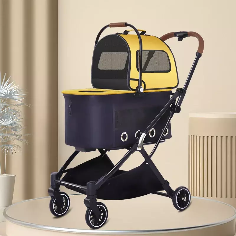 Pet Strolley Portable Detachable Double-decker Pet Car Four Wheel Cat and Dog Trolley Can Be Folded with One Button Breathable