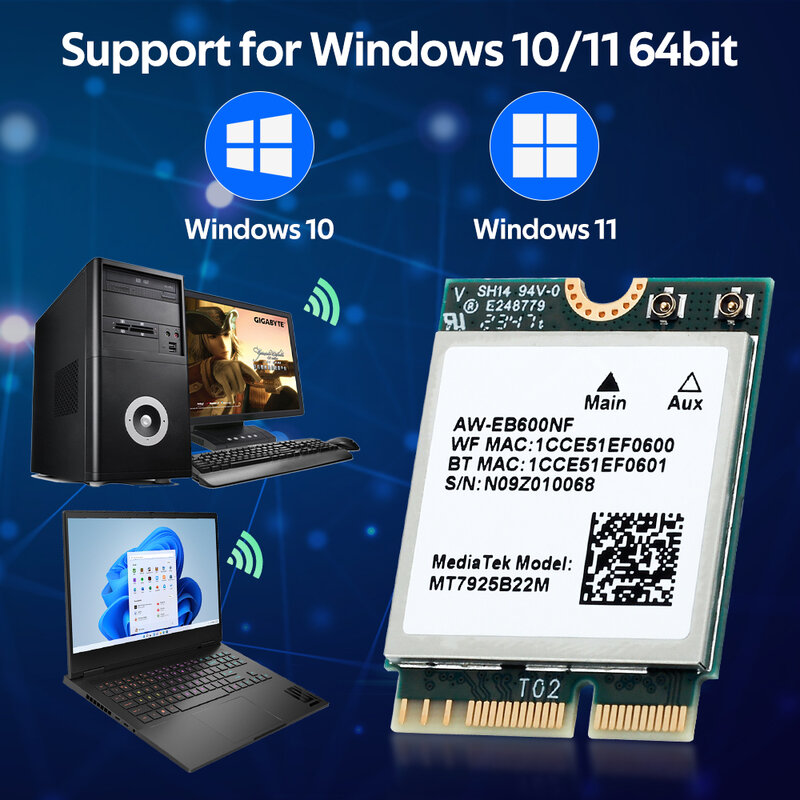 Wi-Fi Cartão Dongle de Rede, MT7925 Chave M.2 para Bluetooth 5.3, 5400Mbps, 802.11AX, Win 10 e 11 Linux, Wi-Fi 7 Cartão
