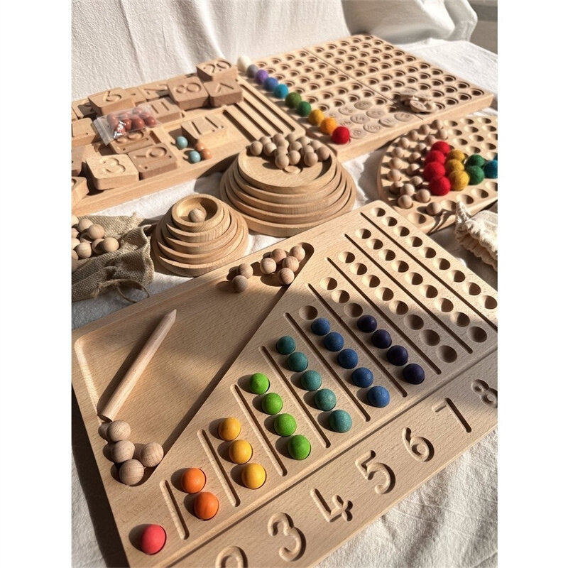 モンテッソーリ-木製感覚玩具,ブナのセル,半層,100ボードの1つ,フェルトのボール,アルファベットの数字,創造的な遊び