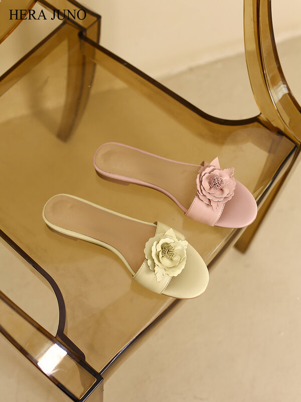 HERA JUNO damskie klapki z motywem kwiatowym damskie eleganckie slajdy damskie prawdziwe skórzane klapki