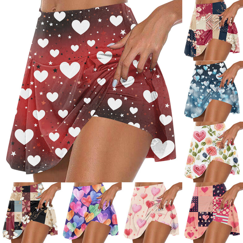 여자 한국옷  Fashion Valentine'S Day Printed Casual Sports Fitness Running Yoga Tennis Skirt Pleated Short Skirt Shorts Half Skirt