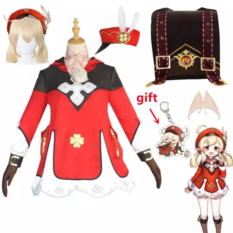 Spiel Klee Cosplay Kostüm Spiel Genshin Impact Frau Halloween Karneval rotes Kleid Loli Hut Ohren Perücke Rucksack Full Set Requisiten