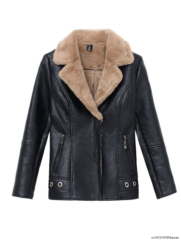 Autumn Winter Warm Faux Fur Coat Women Leather Jacket Ladies Slim Moto Biker Basic Jackets Plush Casual Outerwear
