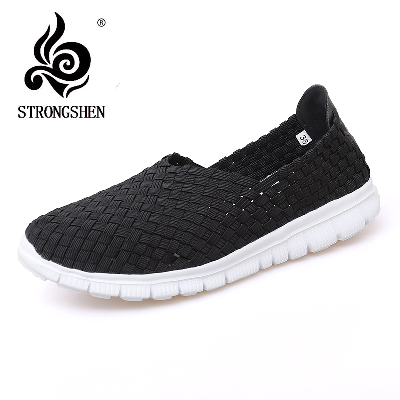 STRONGSHEN Women Shoes Summer Casual Flats Breathe Female Sneakers Woven Walking Shoes Slip On Ladies Loafers Handmade Shoes