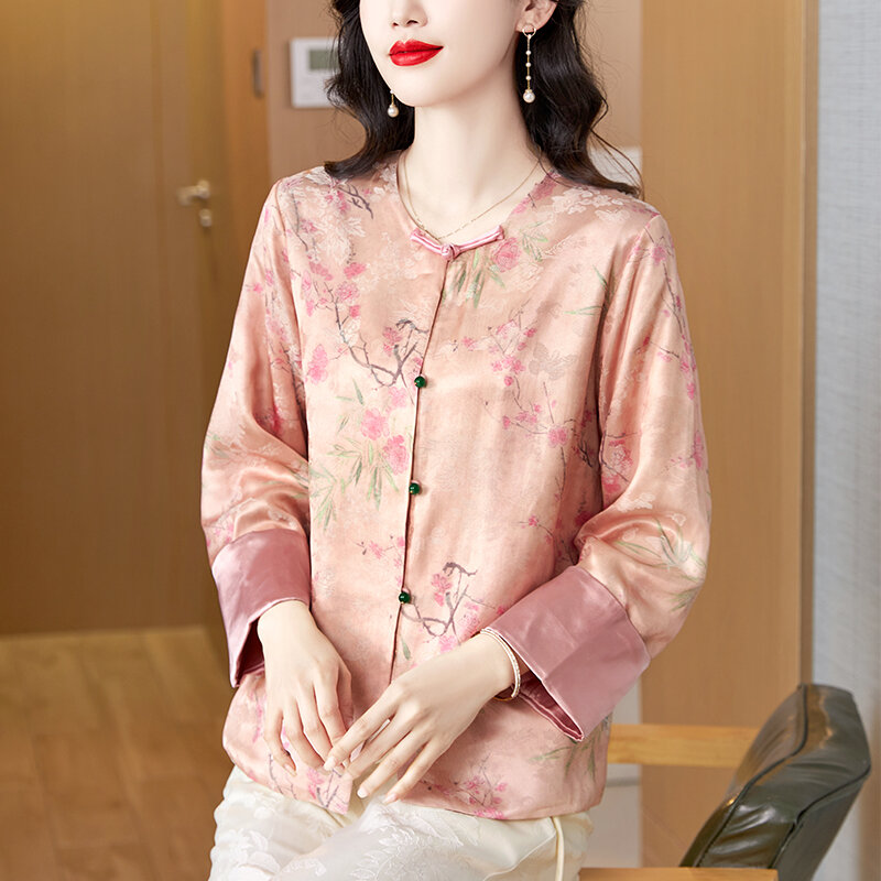 Miiiix 중국 당나라 핑크 노래 브로케이드 코트, 2024 초 용수철, 새로운 디자인, 짧은 단추 탑, 여성 의류