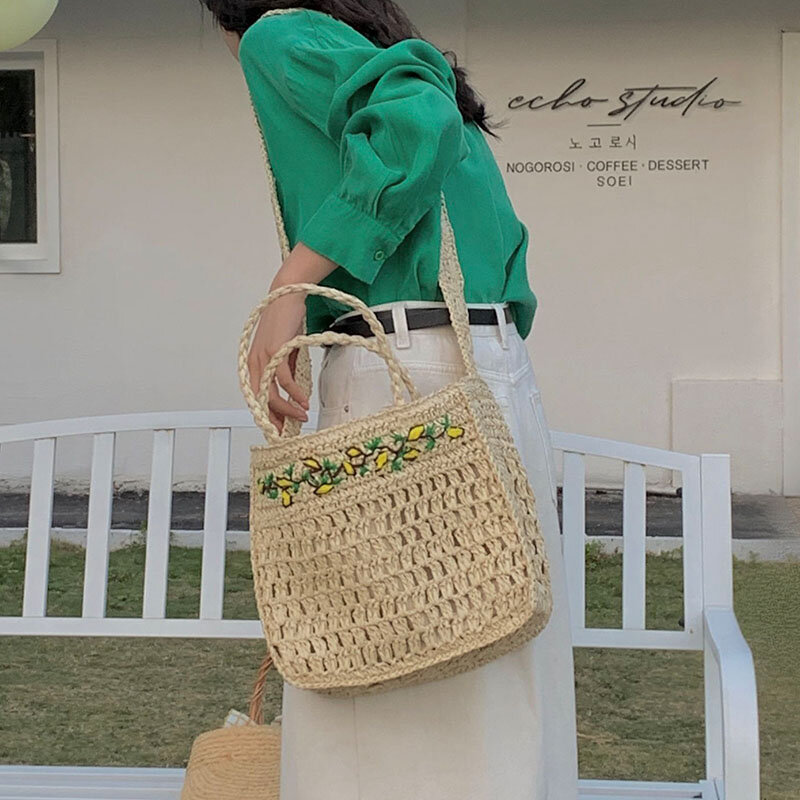 Casual Lemon Straw Women Handbags Paper Woven Large Tote Bag Handmade Summer Beach Crossbody Bags Bali Big Shopper Purses 2023
