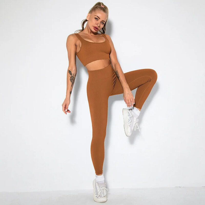 Leggings Sexy sans couture en fil tricoté pour femmes, débardeur, pantalon, Yoga, costume de Fitness, été 2022