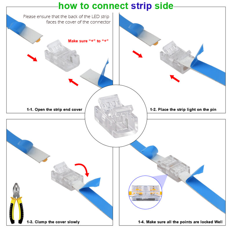 Connecteurs de bande LED COB en forme de L, 2 broches, 8mm, 10mm, pour SMD 5050 2835, pinces fixes
